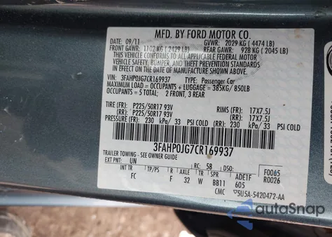 2012 Ford Fusion Sel from USA, damaged, VIN 3FAHP0JG7CR169937